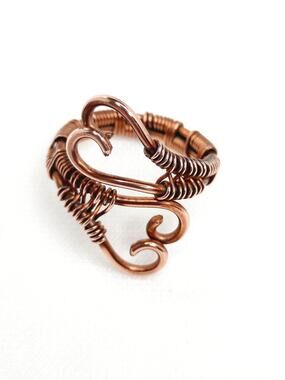 Artisan Made Double Heart Ring Copper Wire Wrapped Weaving Unisex Adjustable